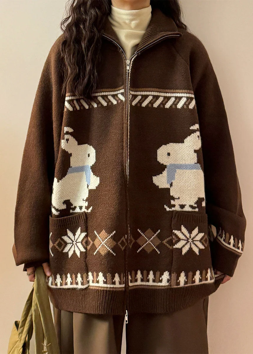 Jacquard Coffee Zip Up Pockets Knit Coats Spring - Image 2
