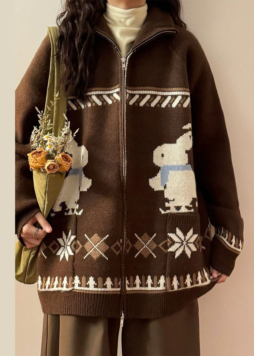 Jacquard Coffee Zip Up Pockets Knit Coats Spring - Image 3