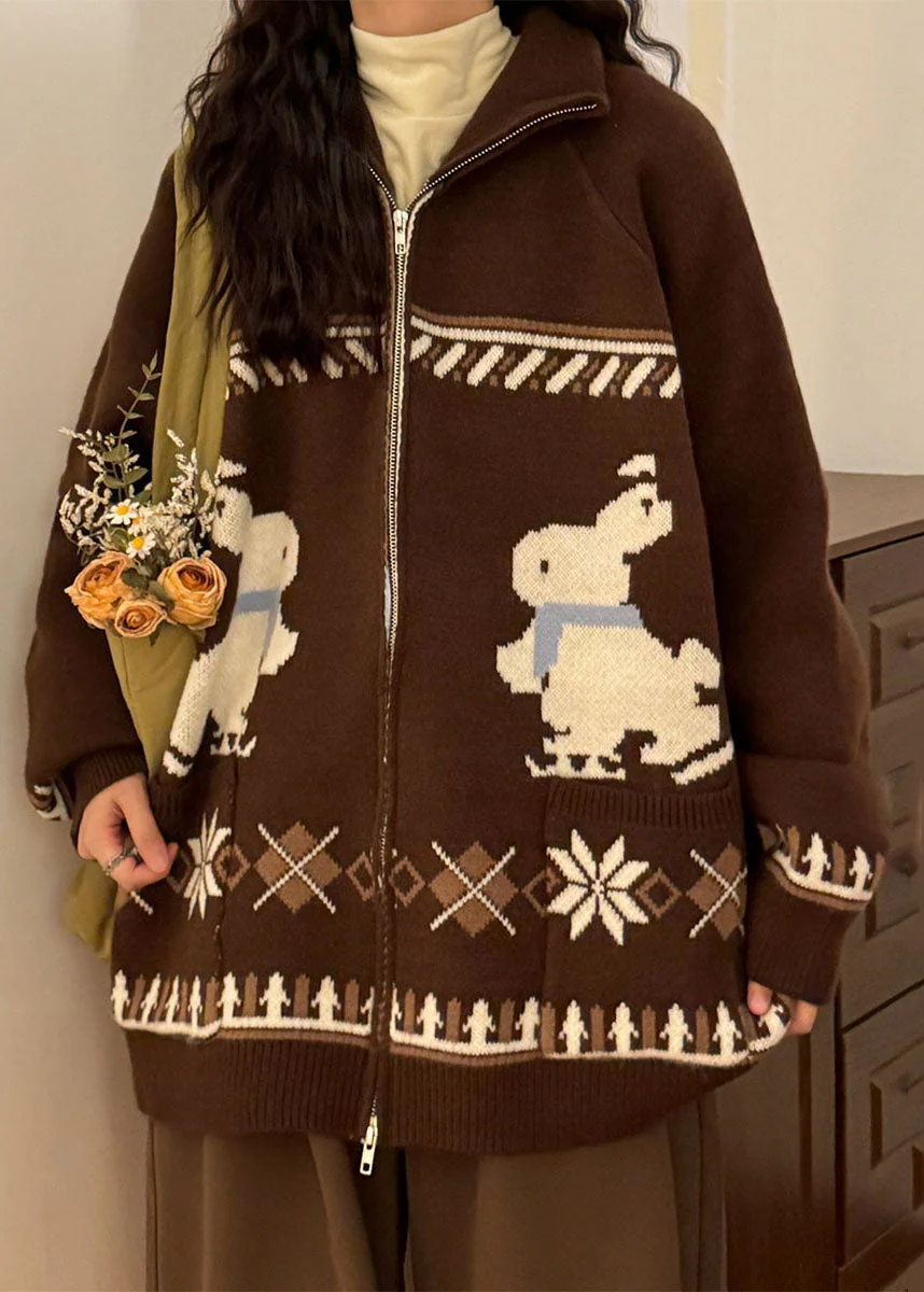 Jacquard Coffee Zip Up Pockets Knit Coats Spring - Image 4