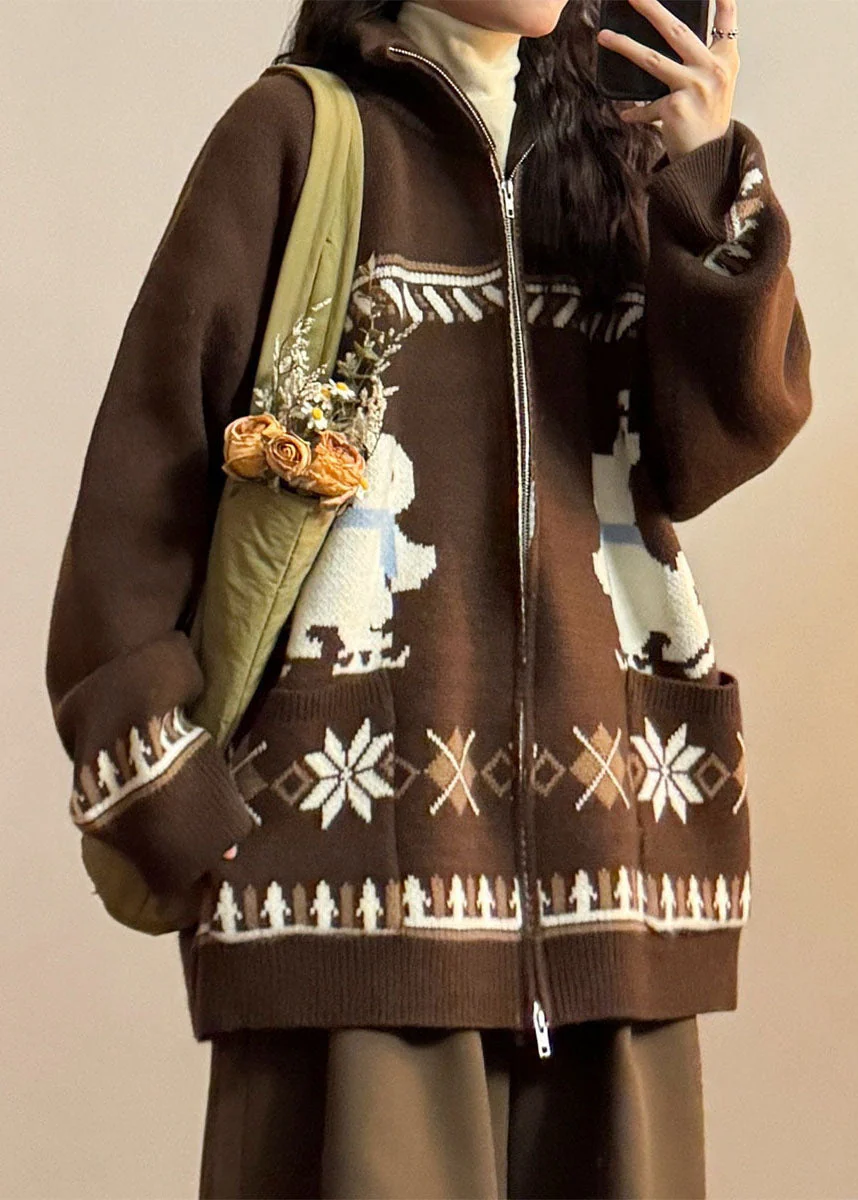 Jacquard Coffee Zip Up Pockets Knit Coats Spring - Image 5