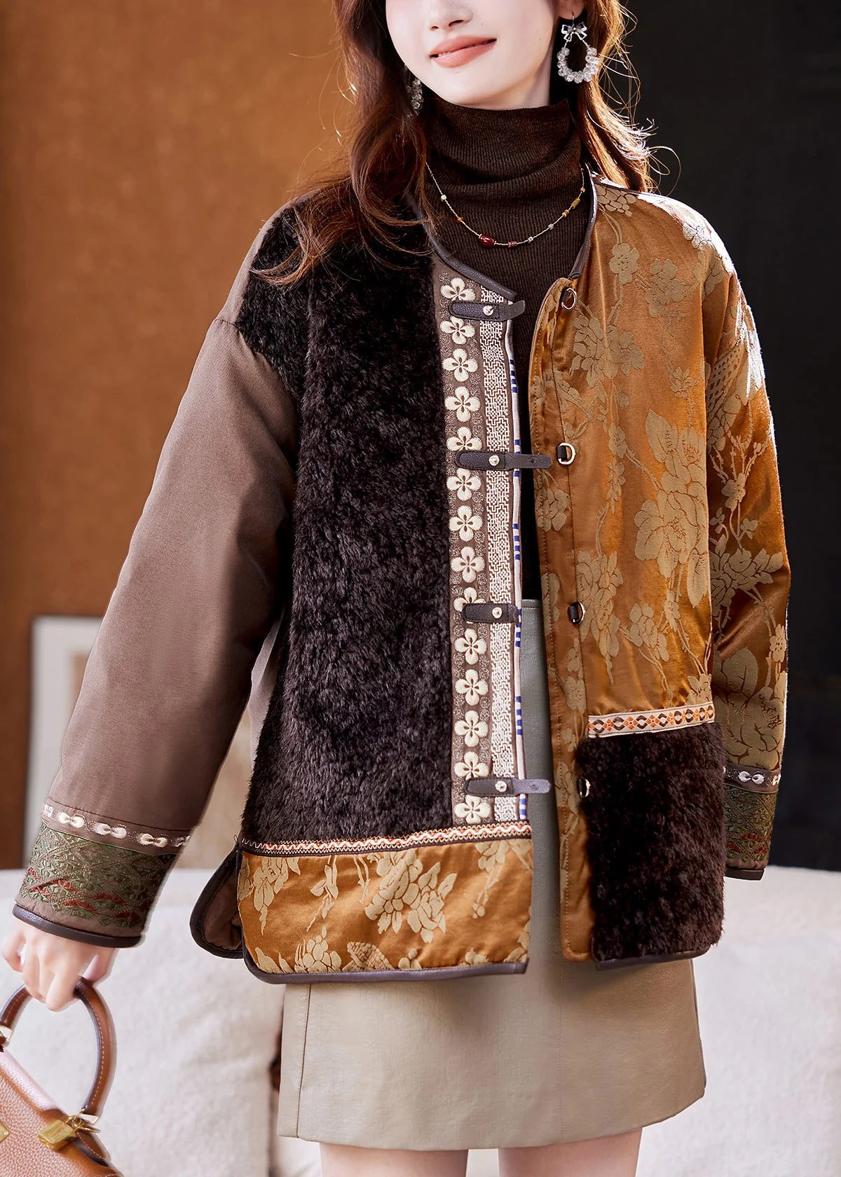 Jacquard Colorblock Asymmetrical Button Duck Down Coats Winter - Image 3
