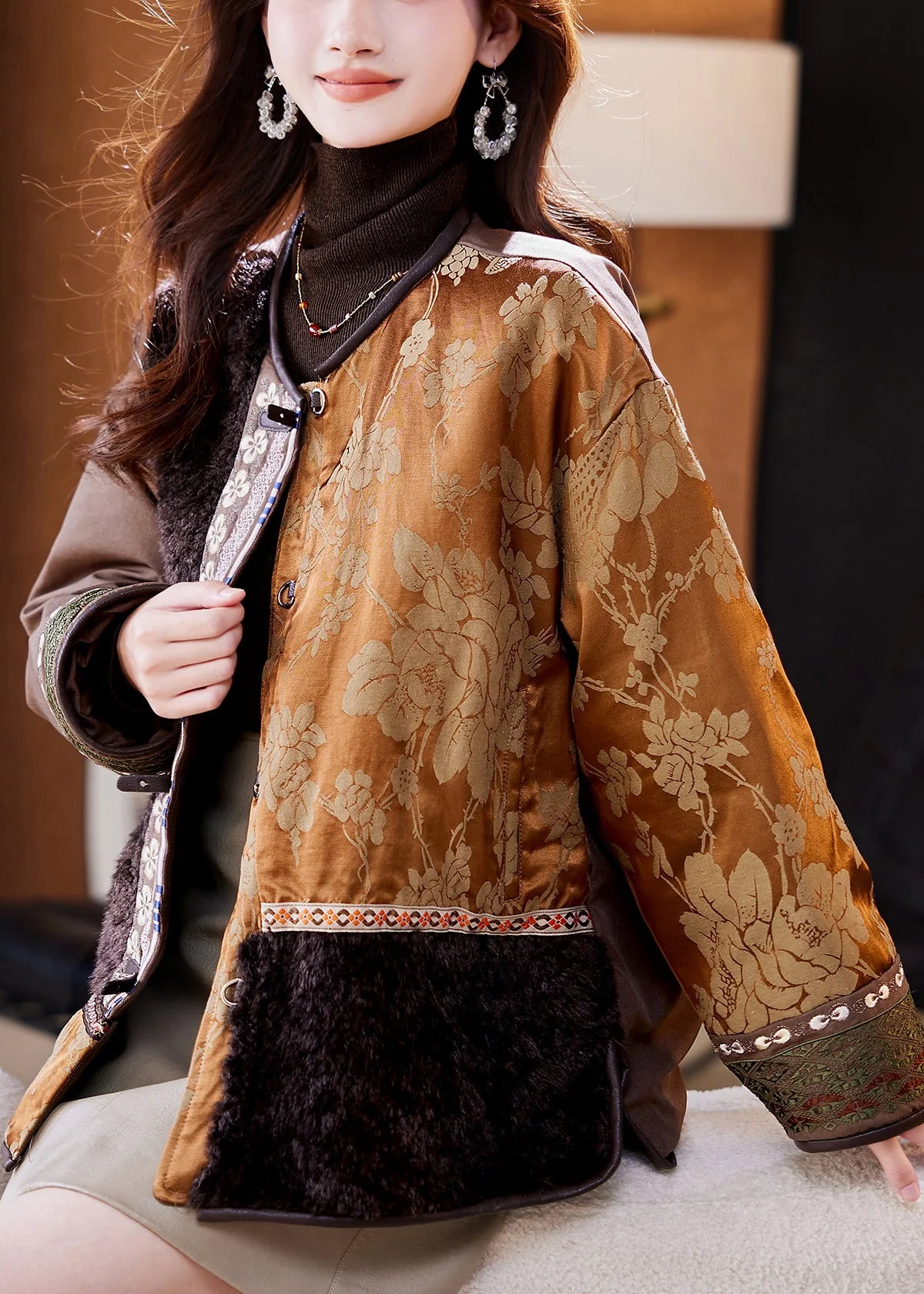 Jacquard Colorblock Asymmetrical Button Duck Down Coats Winter - Image 4