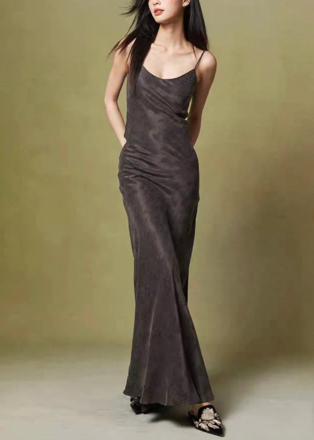 Jacquard Dark Gray Backless High Waist Cotton Spaghetti Strap Dress Sleeveless - Image 3