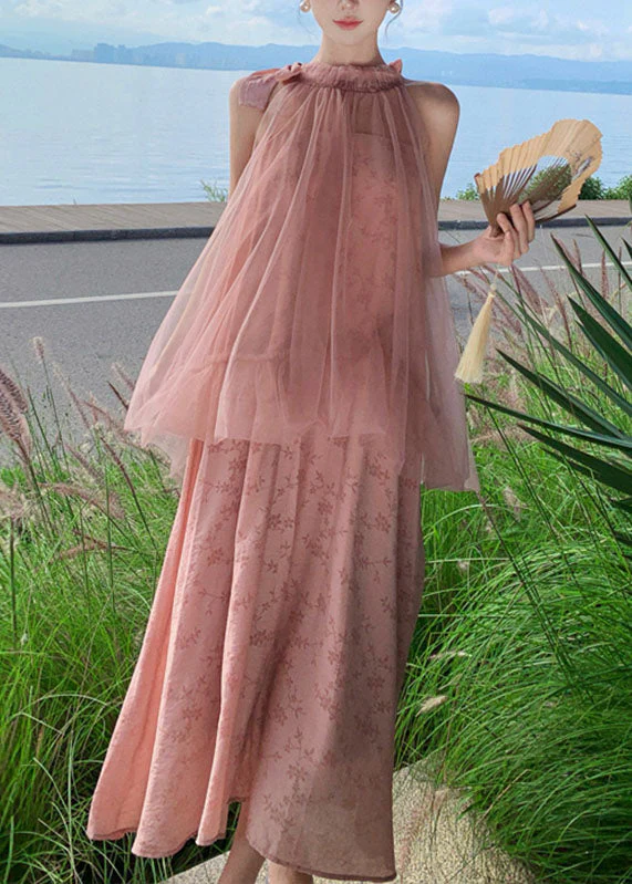 Jacquard Green Print Tulle Patchwork Fake Two Pieces Long Dresses Summer - Image 2
