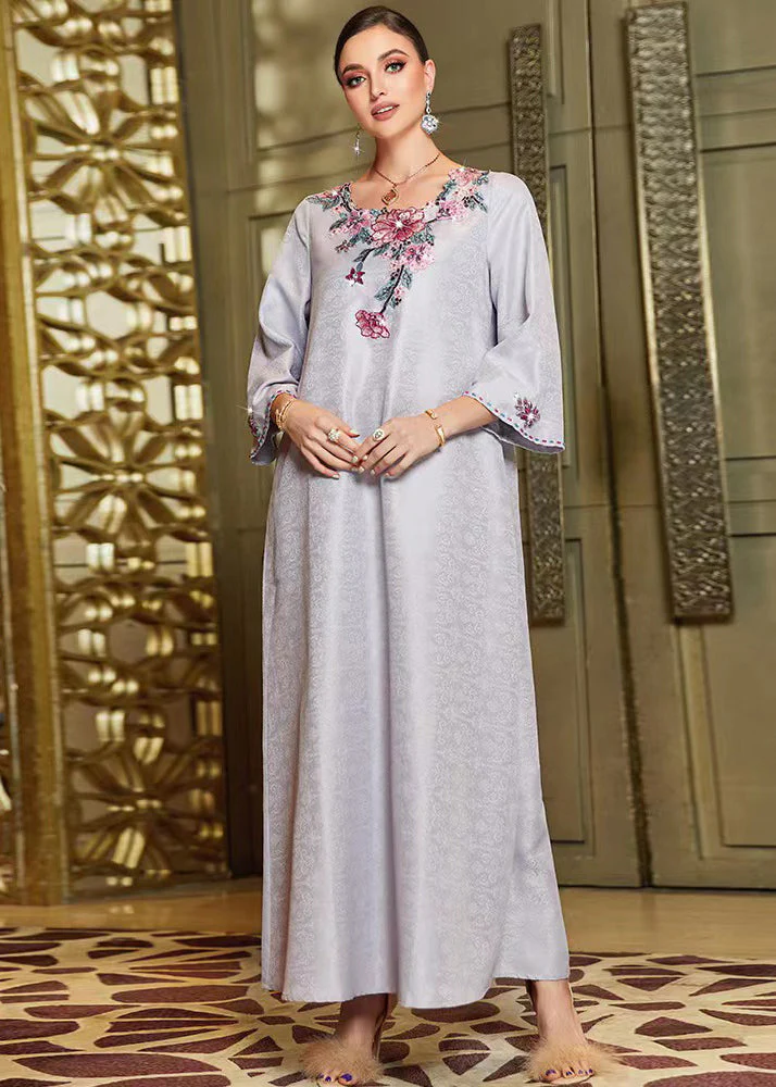 Jacquard Grey O-Neck Embroideried Silk Maxi Dresses Fall - Image 2