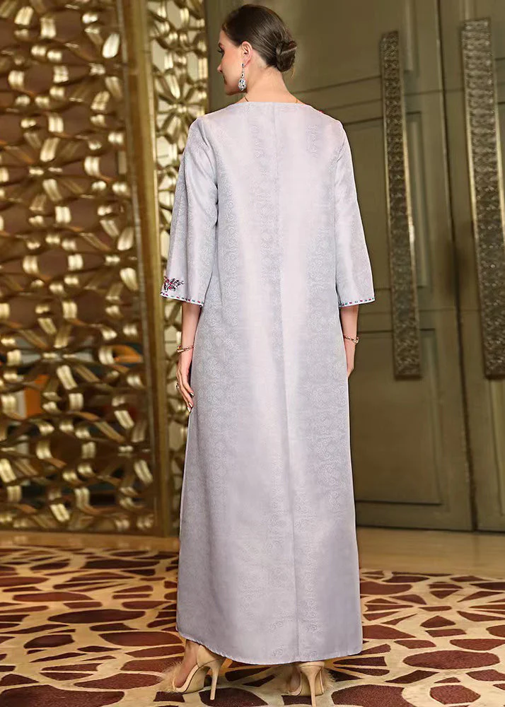 Jacquard Grey O-Neck Embroideried Silk Maxi Dresses Fall - Image 5