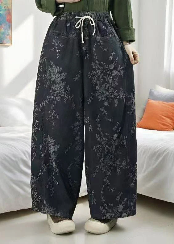 Jacquard Light Blue Pockets Tie Waist Wide Leg Jeans Trousers Spring - Image 2