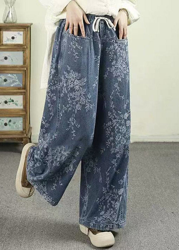 Jacquard Light Blue Pockets Tie Waist Wide Leg Jeans Trousers Spring - Image 3