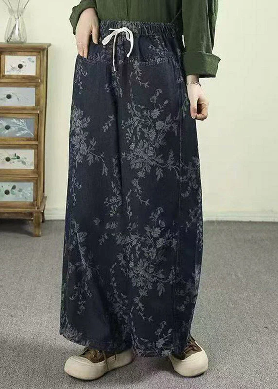 Jacquard Light Blue Pockets Tie Waist Wide Leg Jeans Trousers Spring - Image 4