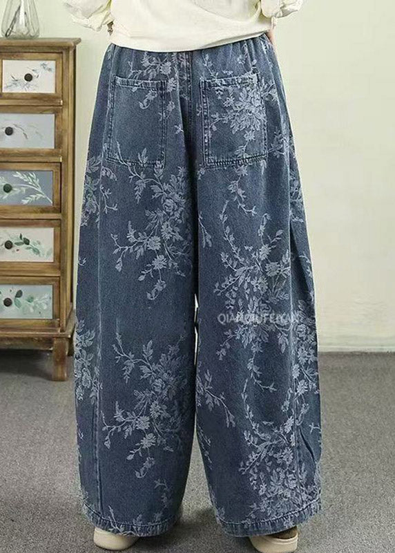 Jacquard Light Blue Pockets Tie Waist Wide Leg Jeans Trousers Spring - Image 5