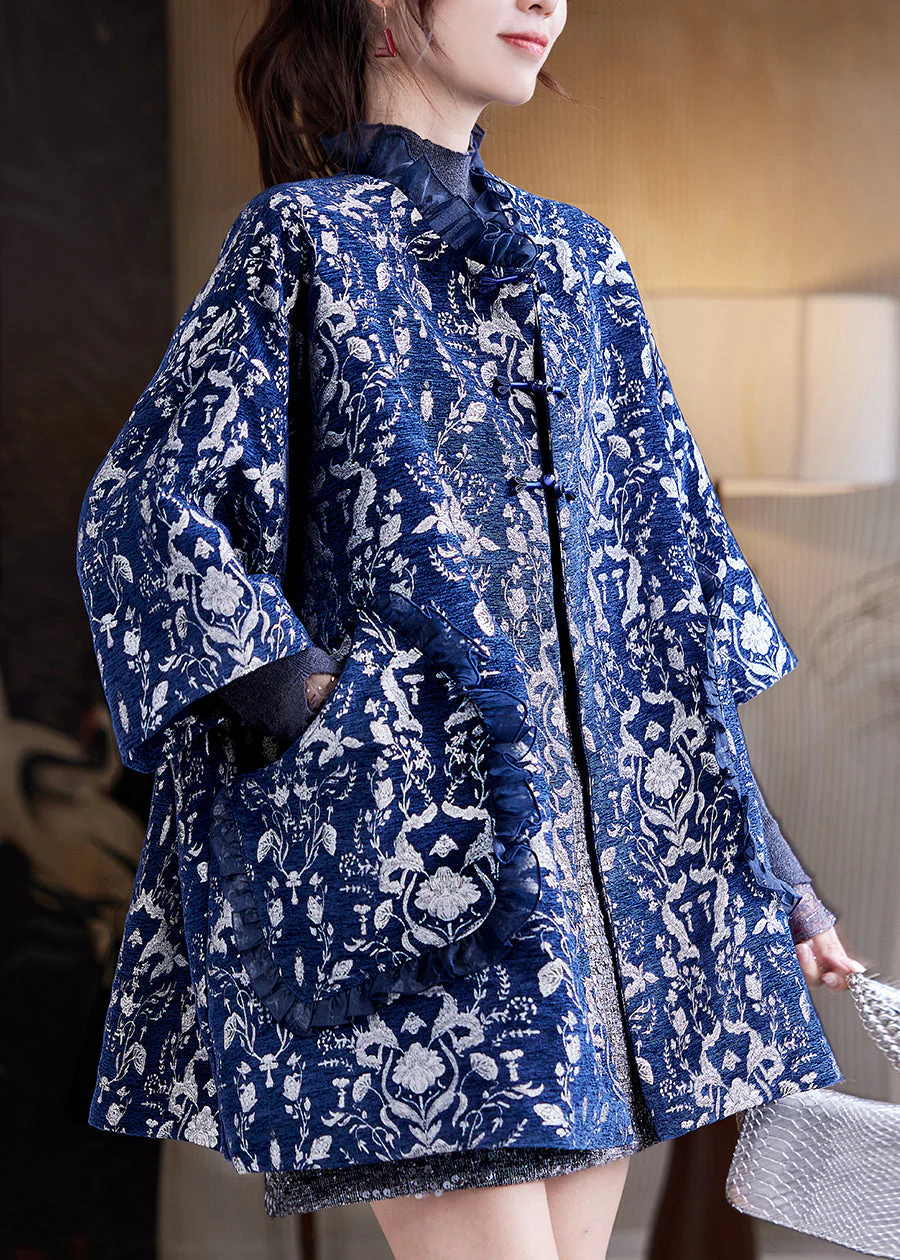Jacquard Navy Blue Pockets Thick Coat Three Quarter Sleeve Sleeve