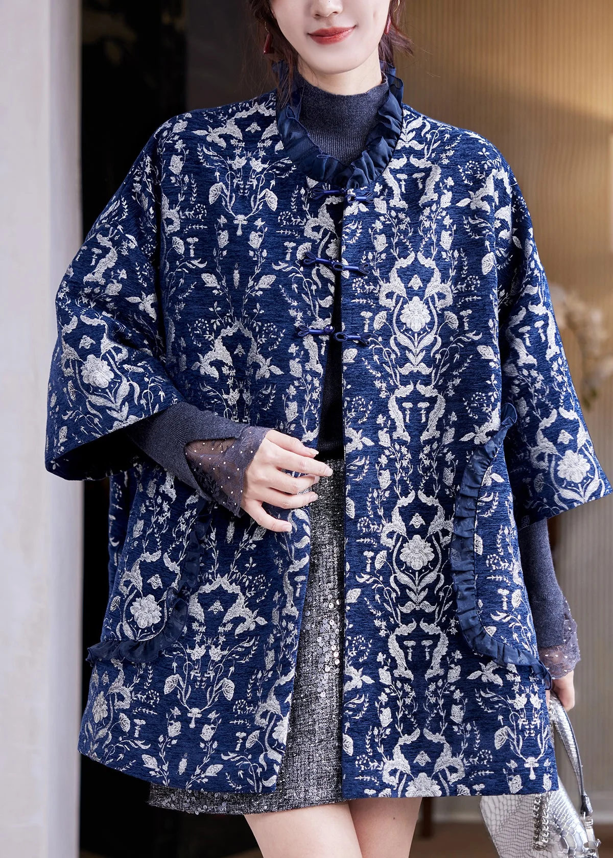 Jacquard Navy Blue Pockets Thick Coat Three Quarter Sleeve Sleeve - Image 2