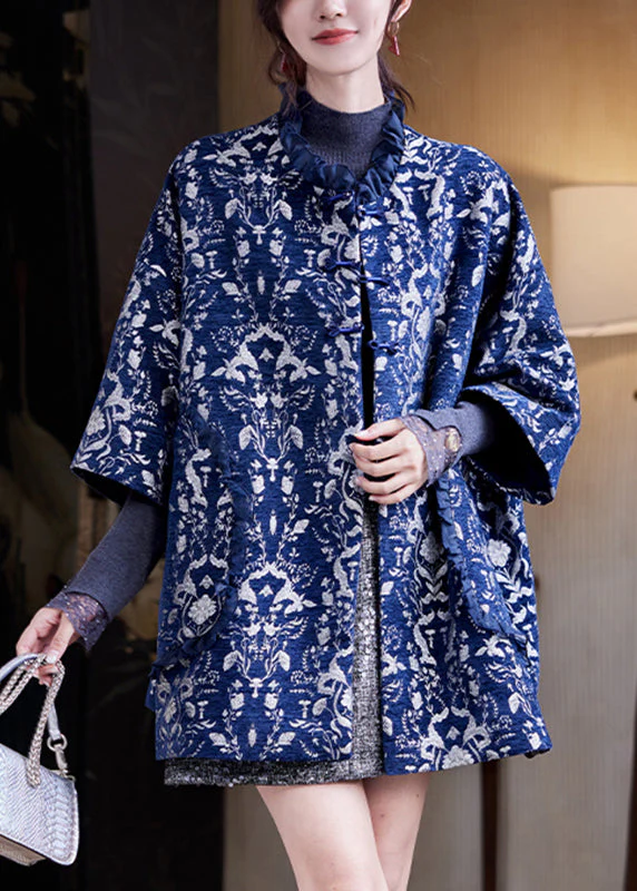 Jacquard Navy Blue Pockets Thick Coat Three Quarter Sleeve Sleeve - Image 3