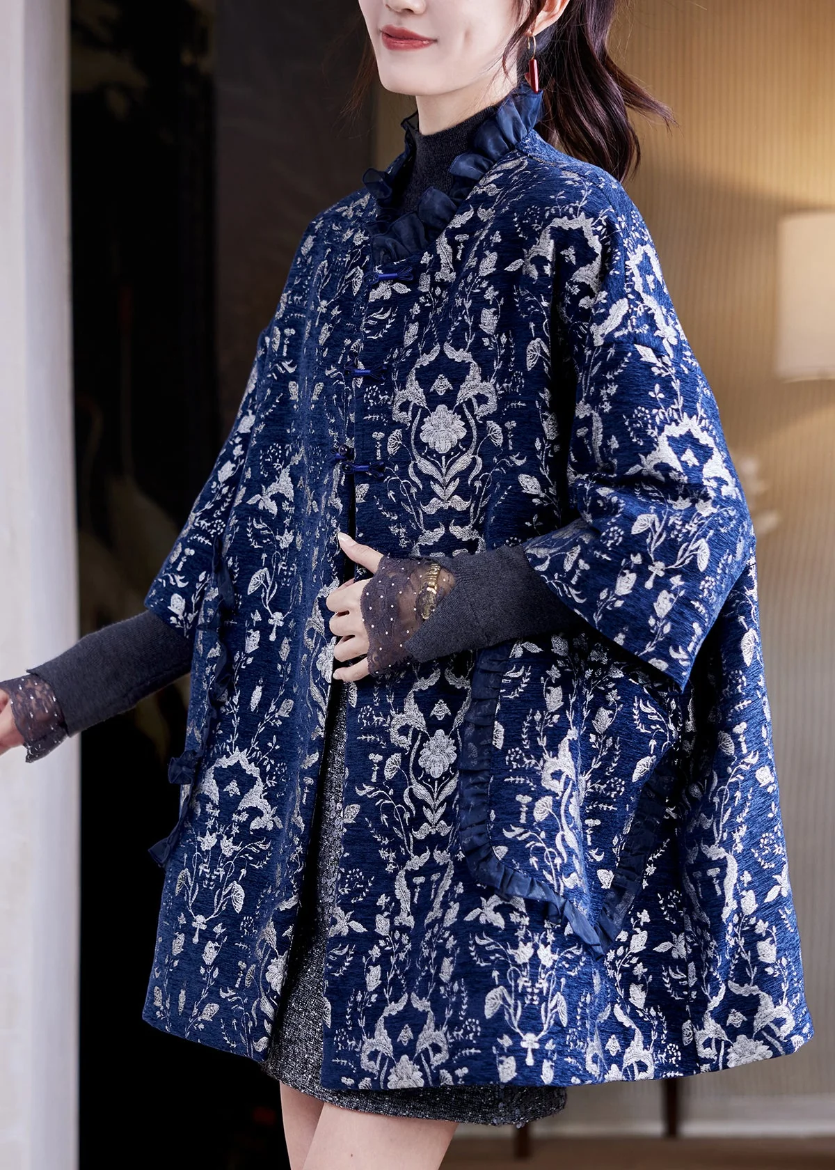 Jacquard Navy Blue Pockets Thick Coat Three Quarter Sleeve Sleeve - Image 4