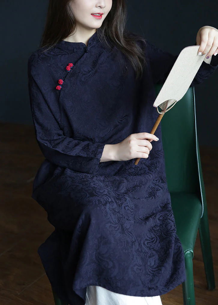 Jacquard Navy Blue Stand Collar Embroideried Floral Button Maxi Dresses Spring - Image 2