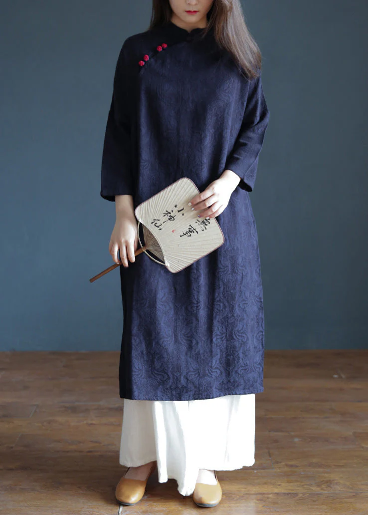 Jacquard Navy Blue Stand Collar Embroideried Floral Button Maxi Dresses Spring - Image 3
