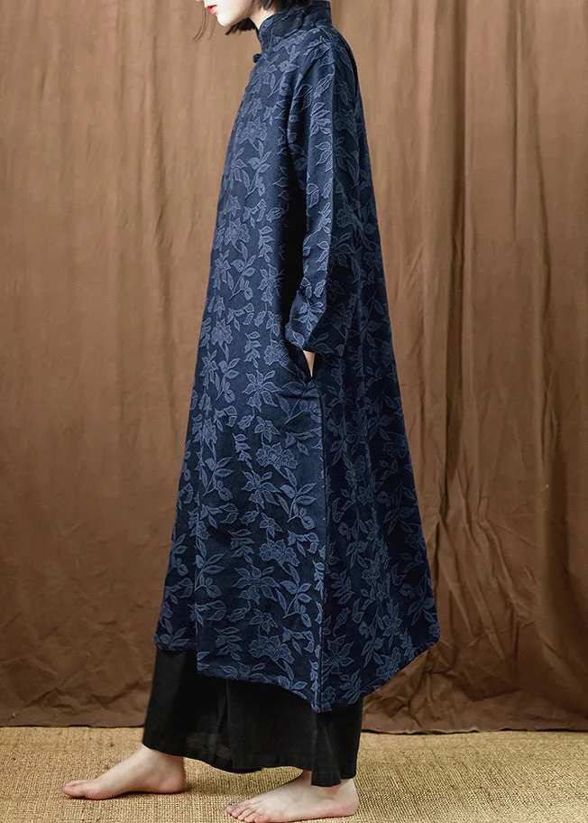 Jacquard Navy Button Pockets Cotton Dress Long Sleeve - Image 3