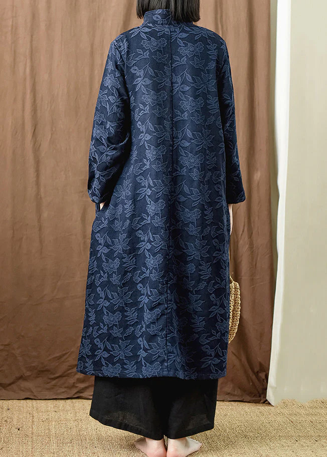 Jacquard Navy Button Pockets Cotton Dress Long Sleeve - Image 4
