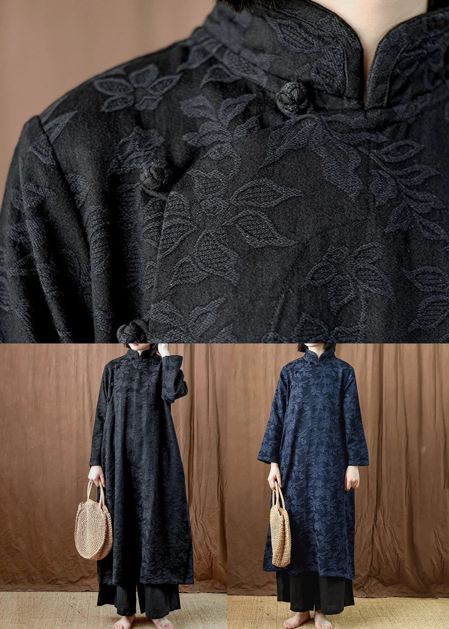 Jacquard Navy Button Pockets Cotton Dress Long Sleeve - Image 5