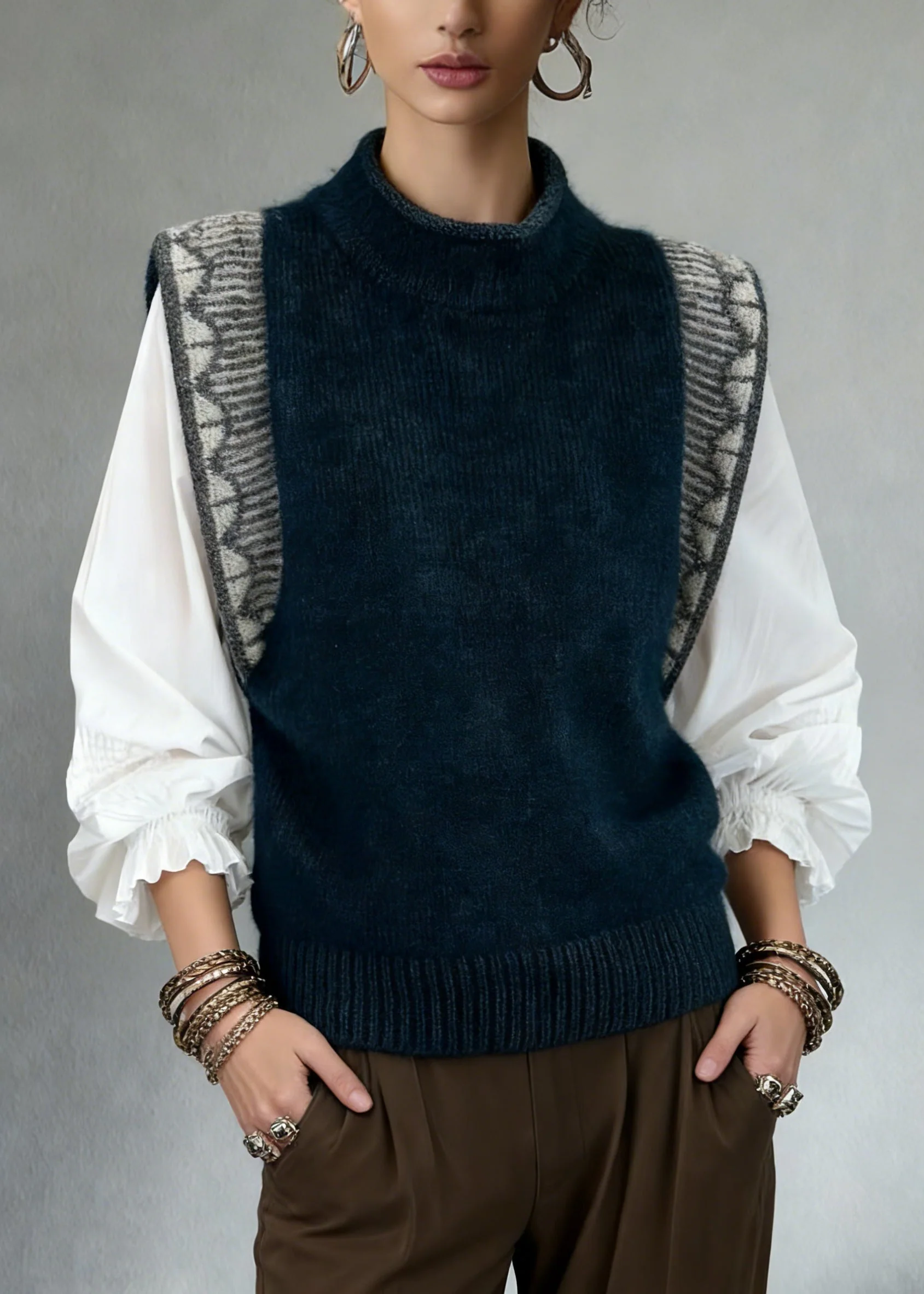 Jacquard Navy Cozy Patchwork Knit Vest Sleeveless - Image 3