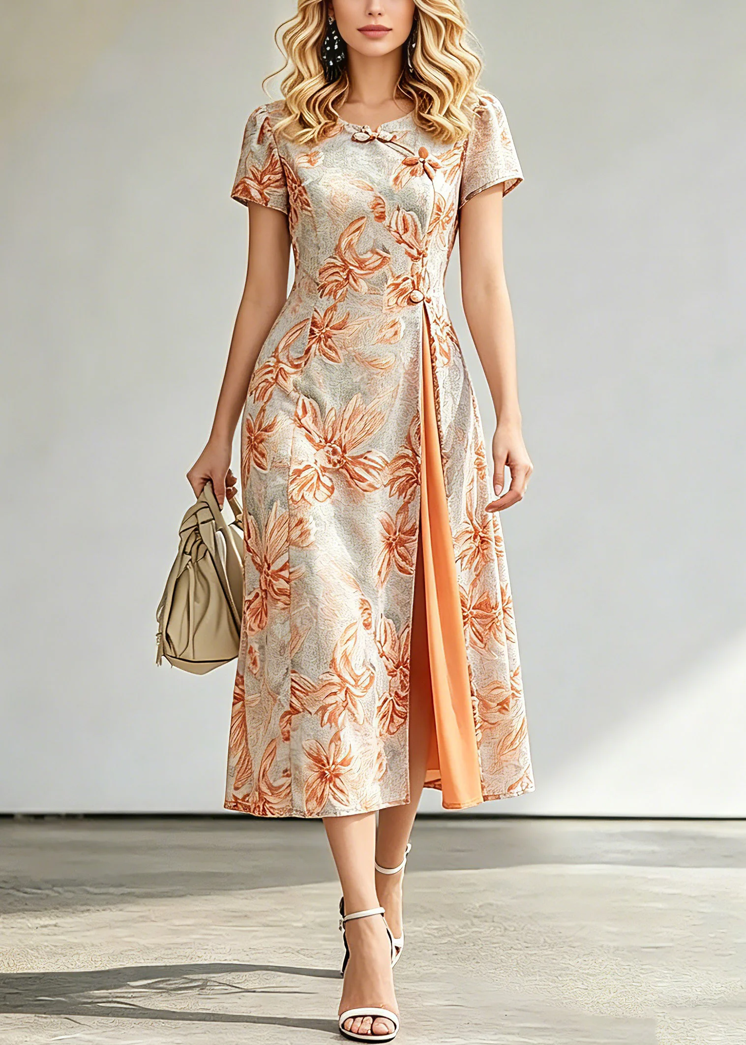 Jacquard Orange O-Neck Asymmetrical Long Dresses Short Sleeve - Image 3
