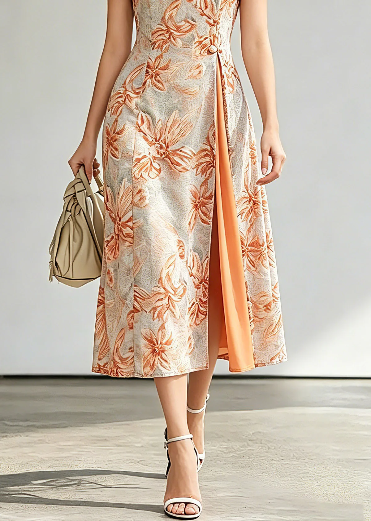 Jacquard Orange O-Neck Asymmetrical Long Dresses Short Sleeve - Image 4