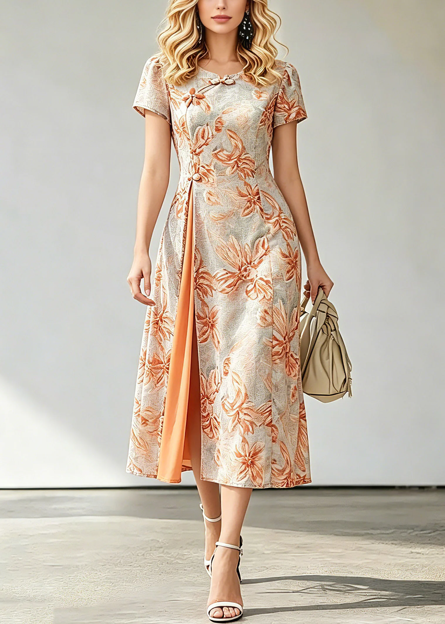 Jacquard Orange O-Neck Asymmetrical Long Dresses Short Sleeve - Image 5