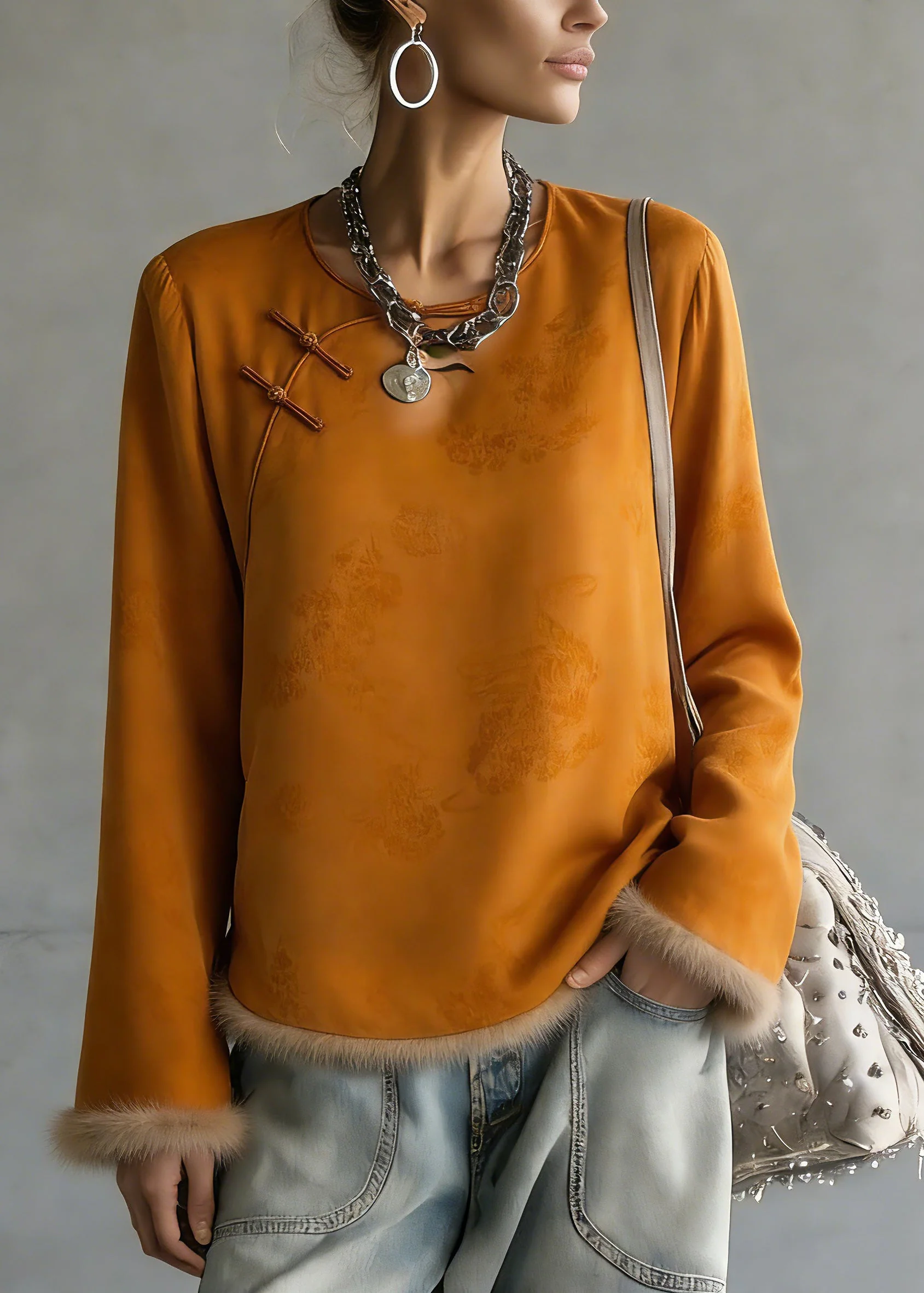 Jacquard Orange O-Neck Patchwork Silk Cotton Shirts Flare Sleeve - Image 5