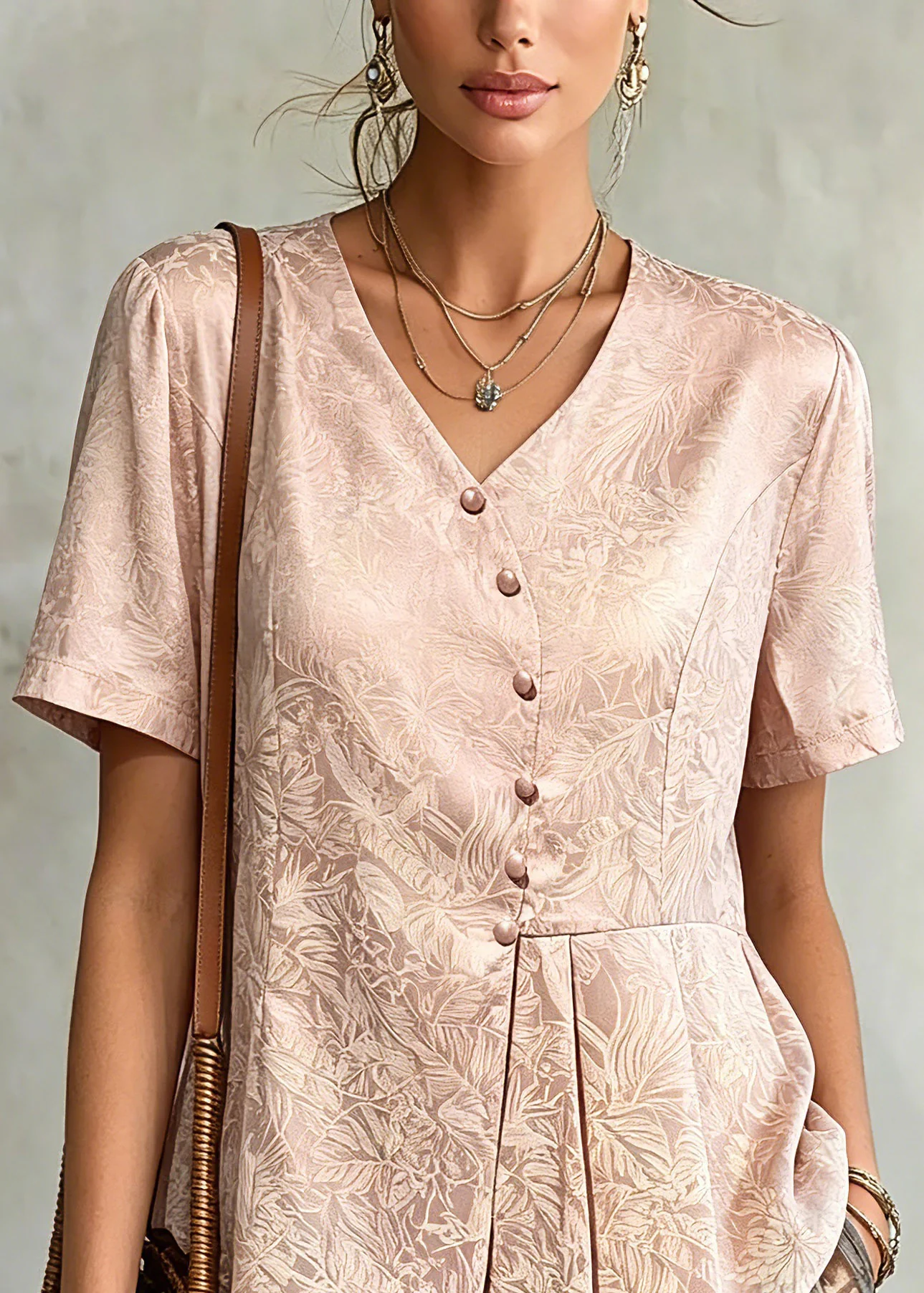 Jacquard Pink V Neck Asymmetrical Silk Top Summer - Image 2