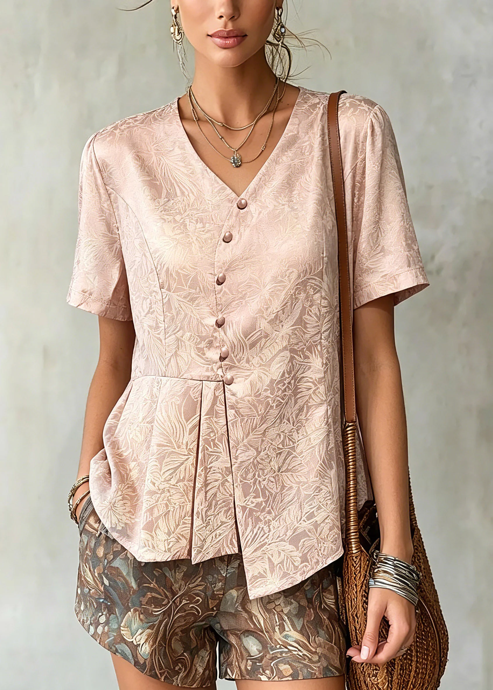 Jacquard Pink V Neck Asymmetrical Silk Top Summer - Image 3