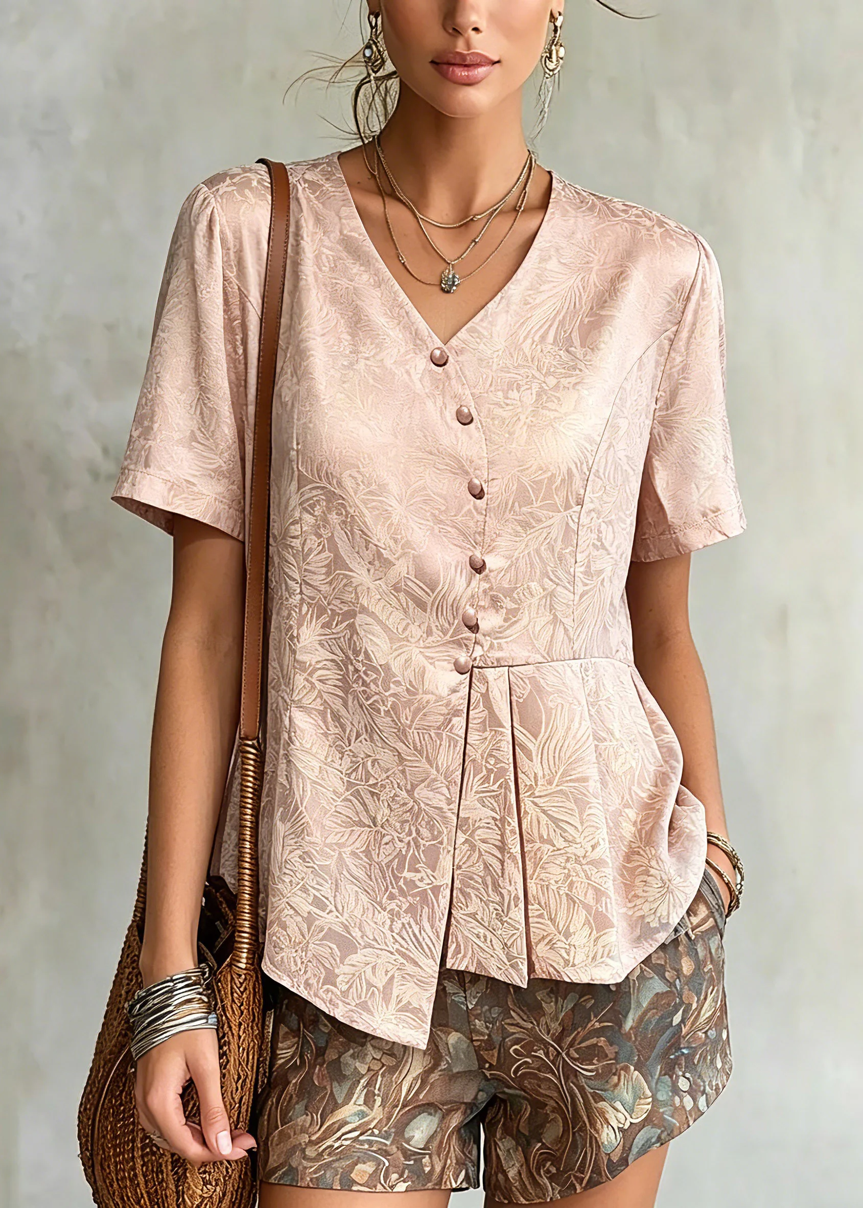 Jacquard Pink V Neck Asymmetrical Silk Top Summer - Image 5