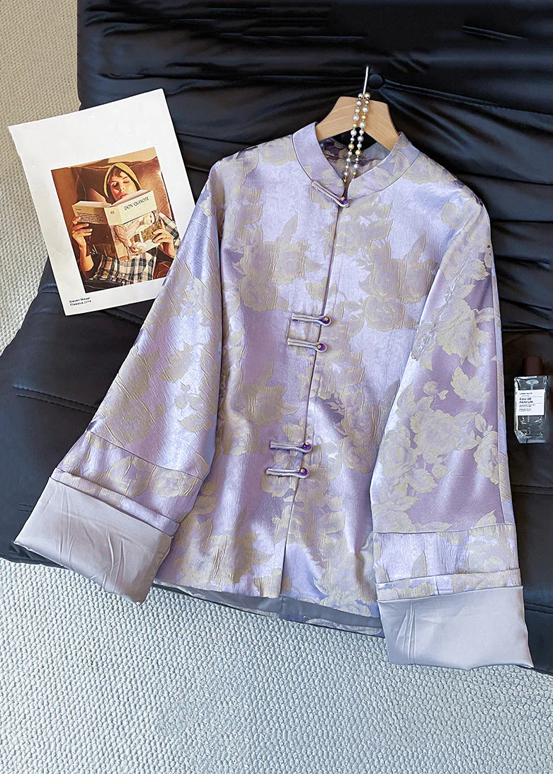 Jacquard Purple Stand Collar Button Silk Coat Fall - Image 2