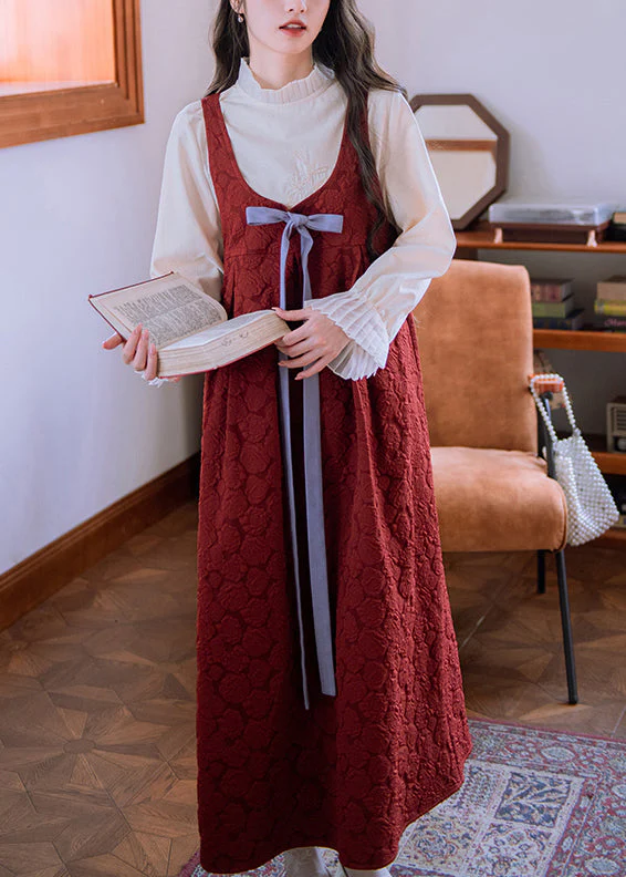 Jacquard Red Bow High Waist Cotton Long Dress Sleeveless - Image 2