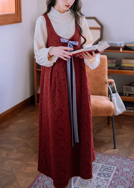 Jacquard Red Bow High Waist Cotton Long Dress Sleeveless - Image 3
