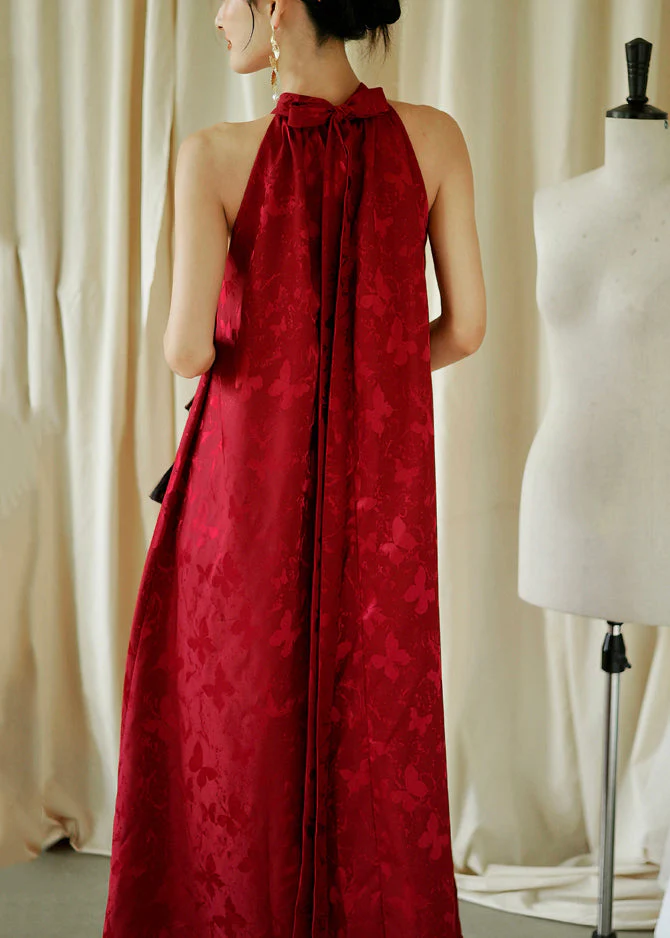 Jacquard Red Bow Loose Cotton Maxi Dresses Sleeveless - Image 5