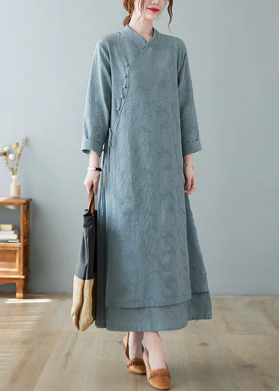 Jacquard Sky Blue Stand Collar Button Lace Up Cotton Long Dresses Fall - Image 2