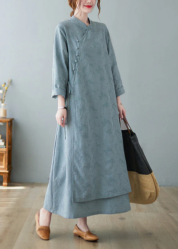 Jacquard Sky Blue Stand Collar Button Lace Up Cotton Long Dresses Fall - Image 3
