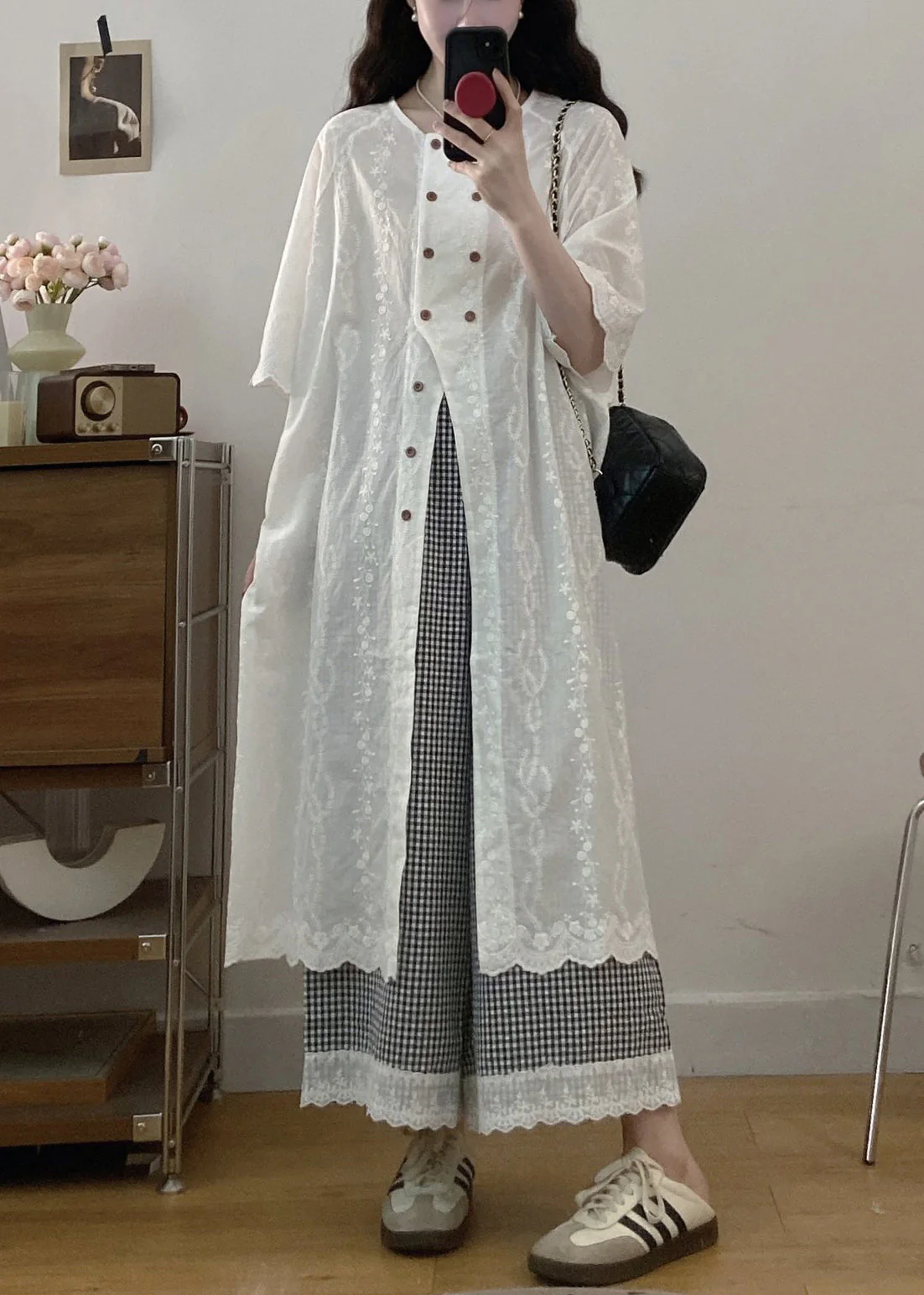 Jacquard White Button Shirt Dress And Plaid Wide Leg Pants Cotton Two Piece Set Half Sleeve - Image 2