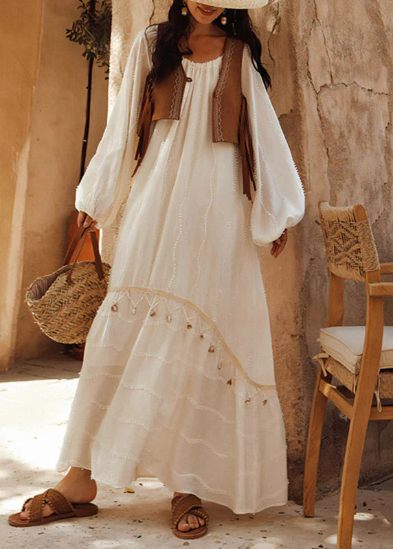Jacquard White O-Neck Patchwork Shell Hollow Out Maxi Dress Lantern Sleeve - Image 3