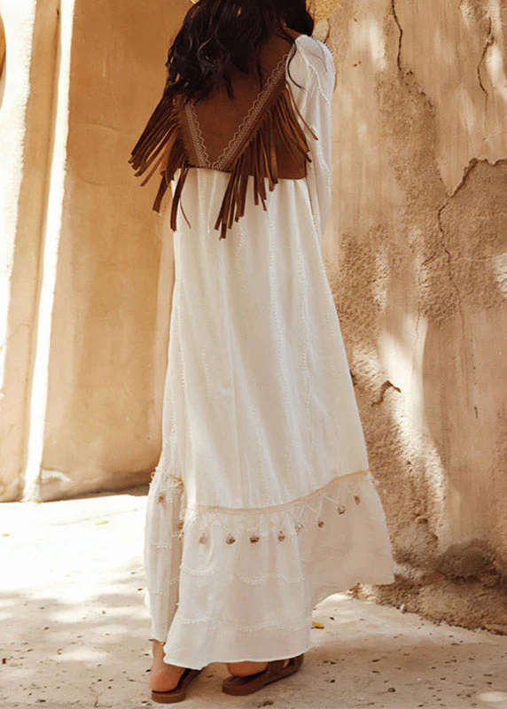 Jacquard White O-Neck Patchwork Shell Hollow Out Maxi Dress Lantern Sleeve - Image 5