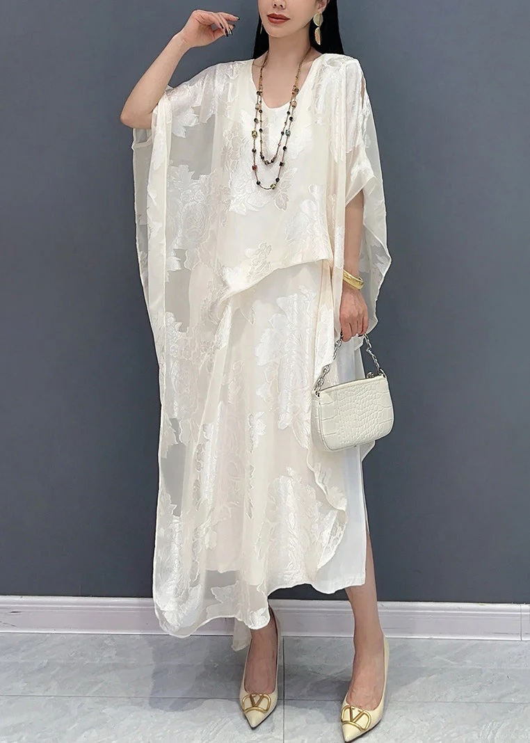 Jacquard White O-Neck Silk Long Dress Summer - Image 2