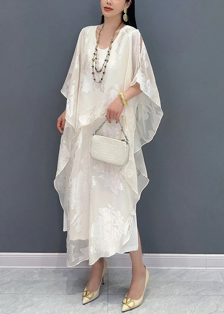 Jacquard White O-Neck Silk Long Dress Summer - Image 3