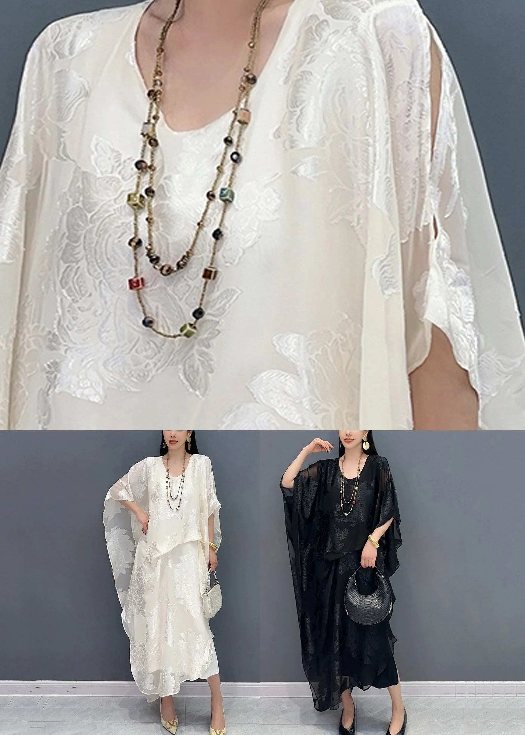 Jacquard White O-Neck Silk Long Dress Summer - Image 5