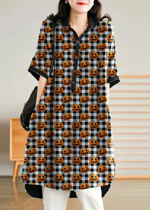 Jade black-pumpkin stripes polka dots Linen Women Casual Linen Shirt Dress