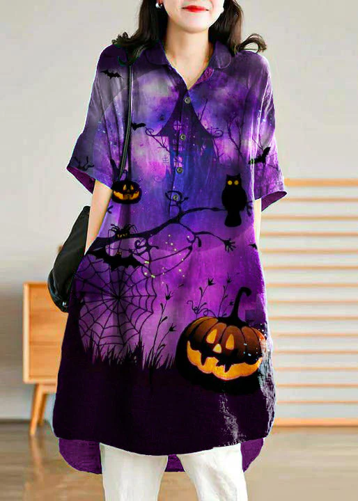 Jade black-pumpkin stripes polka dots Linen Women Casual Linen Shirt Dress - Image 14