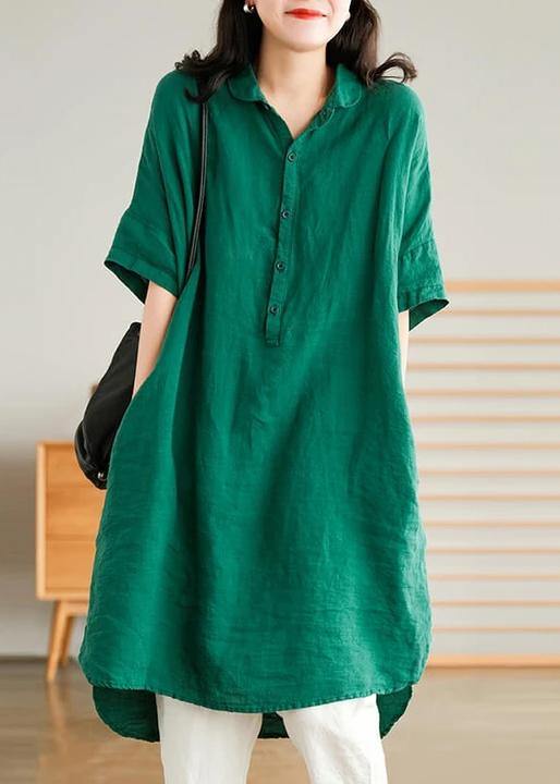Jade black-pumpkin stripes polka dots Linen Women Casual Linen Shirt Dress - Image 2