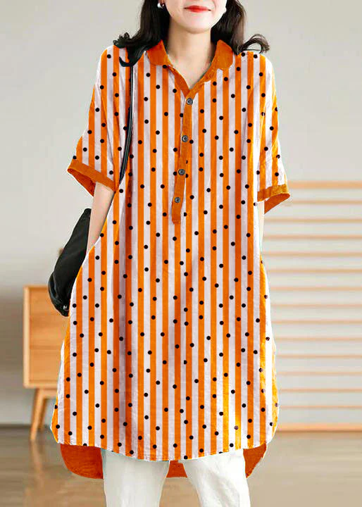 Jade dark blue stripes polka dots Linen Women Casual Linen Shirt Dress - Image 15