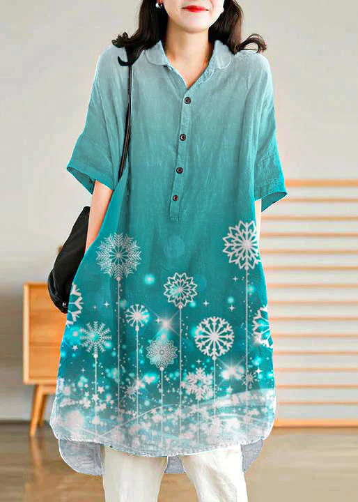 Jade dark green-snowflake Linen Women Casual Linen Shirt Dress - Image 15