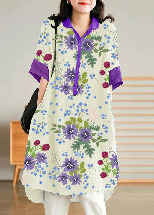 Jade orange stripes polka dots Linen Women Casual Linen Shirt Dress - Image 12