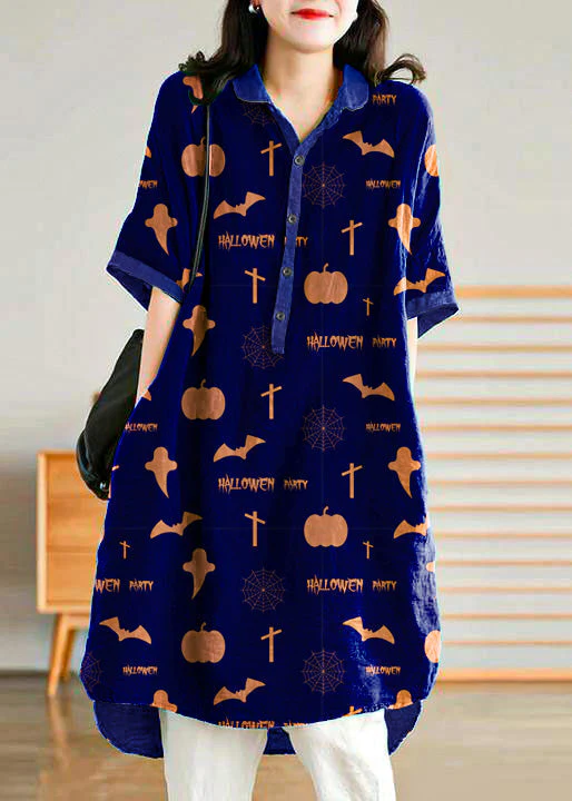 Jade orange stripes polka dots Linen Women Casual Linen Shirt Dress - Image 14